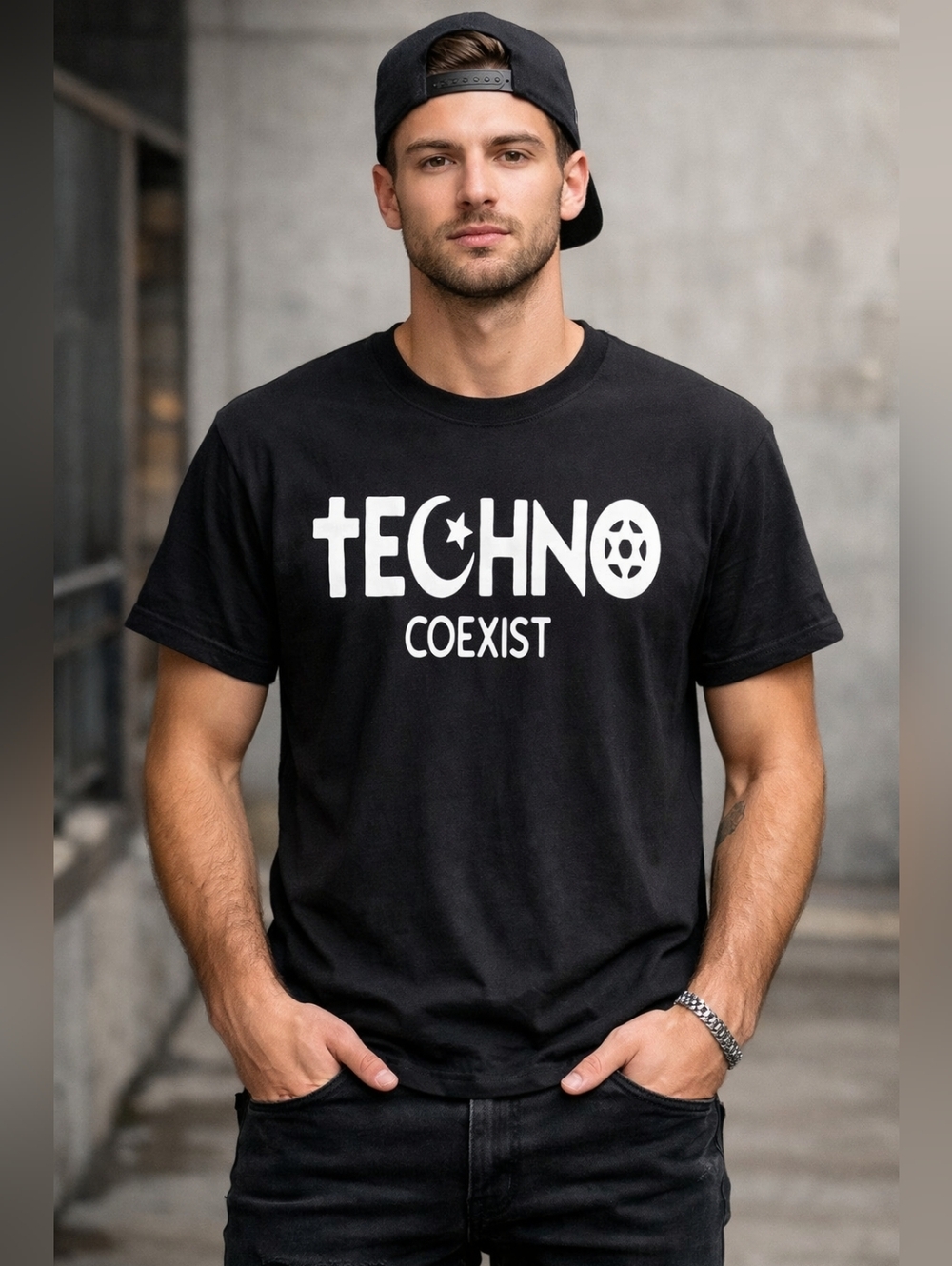 Techno Coexist Black Graphic T-Shirt – Minimalist Streetwear Tee